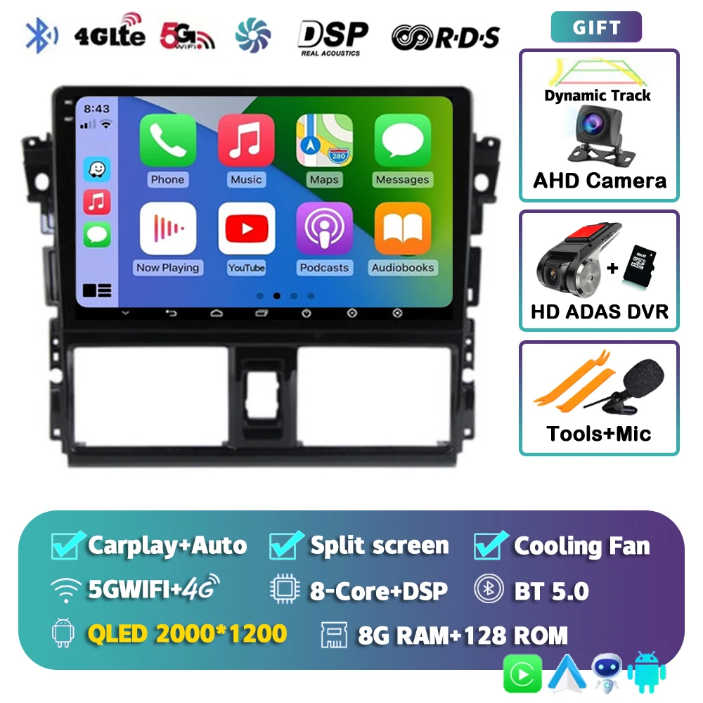thumbnail image 1 of Radio con Android 14 para coche, reproductor multimedia con navegación, estéreo, WIFI, 4G, 2DIN, DSP, para Toyota Vios Yaris 2013, 2014, 2015, 2016, 1 of 5