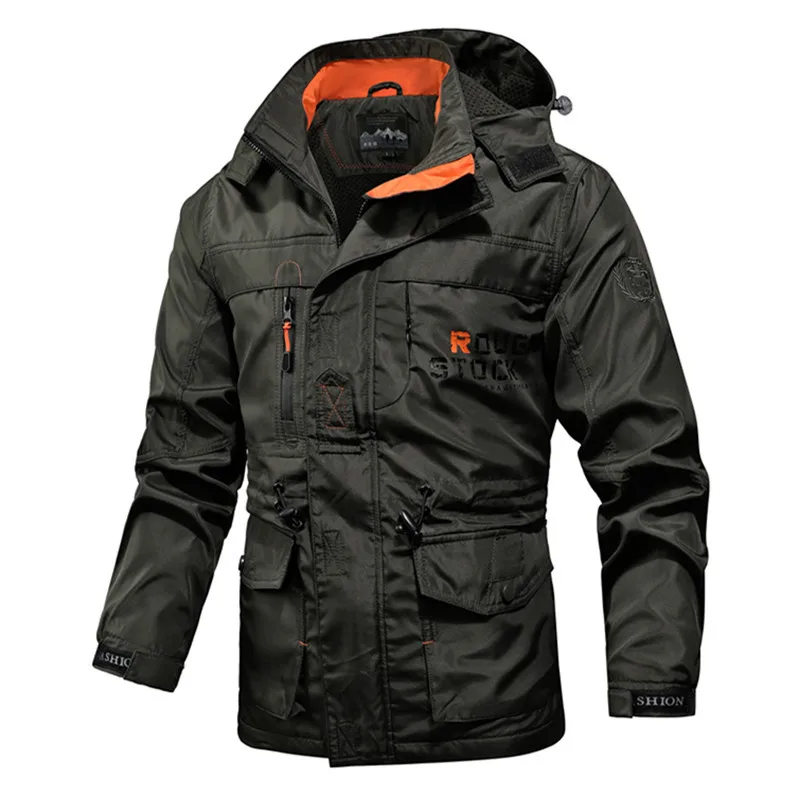 thumbnail image 1 of Chaqueta de hombre para otoño y primavera, con capucha desmontable, resistente al viento, con cremallera para exteriores, con múltiples bolsillos, chaqueta deportiva para hombre, chaquetas tipo cargo, 1 of 4