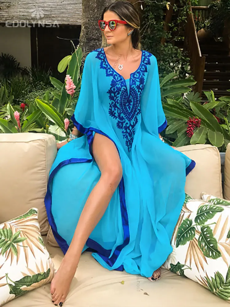 2022 Plus Size Blue Embroidered Summer Beachwear Chiffon Kaftan Beach Woman Tunic Bath Dress Robe plage Swim Wear Cover Up #Q746 | Женская