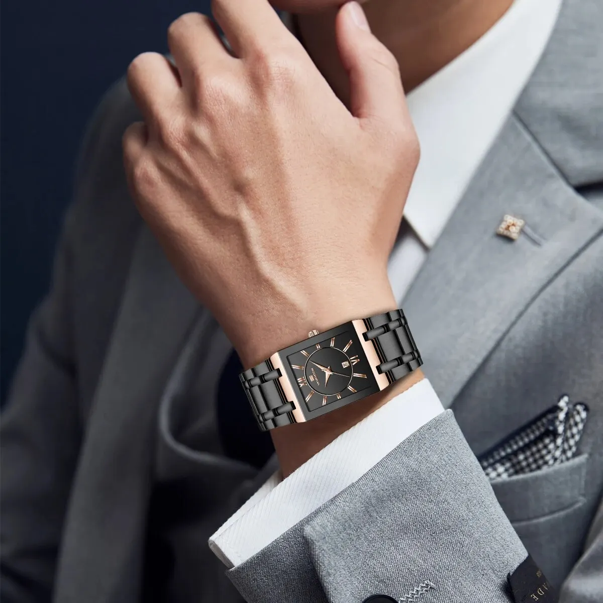 Men Business Watch Simple Design Luxury Fashion Rectangular Black Gold Stainless Steel Calendar Waterproof Quartz Men's Watches 6