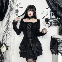 Goth Black Lace Trim Long Sleeve T-Shirts Vintage Sexy Lace-up Square Collar Tops with Choker Cross Women Autumn Tees - Image 4