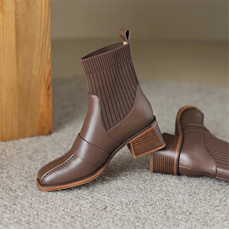 

New Autumn Genuine Leather Boots Women Square Toe Knitted Tube Short Boots for Women Winter Women Boots High Heels Ladies Shoes