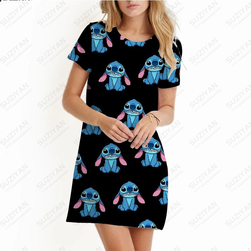 Fashion Spring/Summer Women's Disneyland Mickey Mouse Flower 3D Print Beach Skirt Women's Round Neck Short Sleeve A-line Skirt