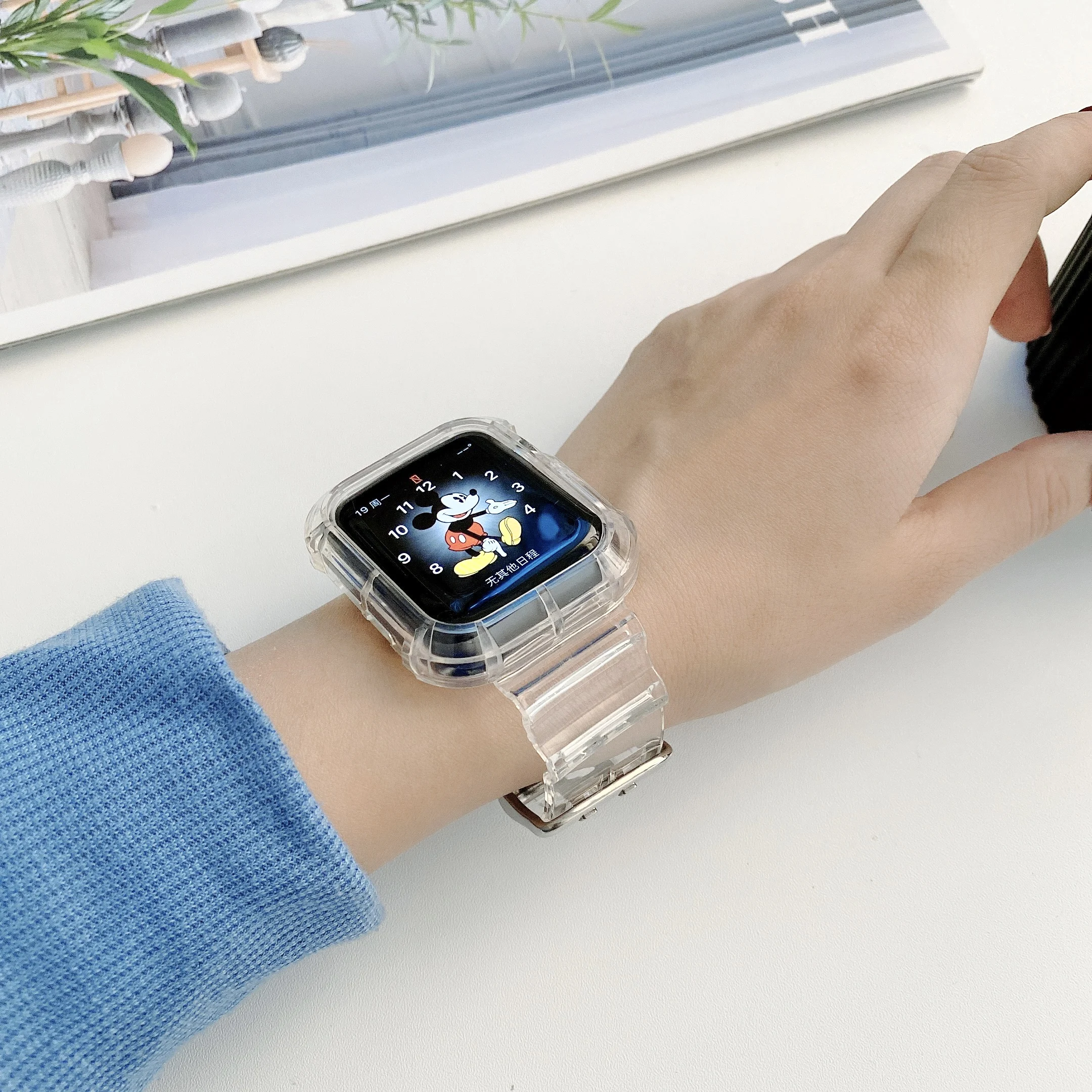 Apple Watch 시리즈 9 8 7 6 SE 5 49mm 45mm 44mm 38mm 41mm iwatch 10 46mm 42mm 플라스틱 스트랩 용 클리어 밴드 + 케이스