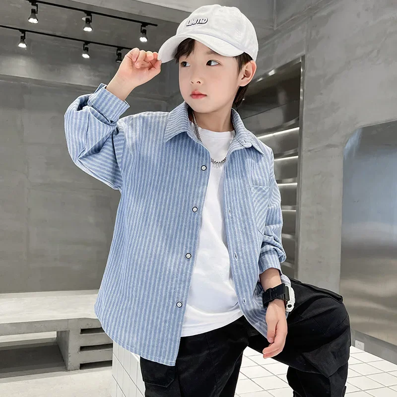 Boys Striped Shirt Spring Autumn Loose Thin Middle Large Children's Clothing Trendy Boy Jacket Children's Blouse