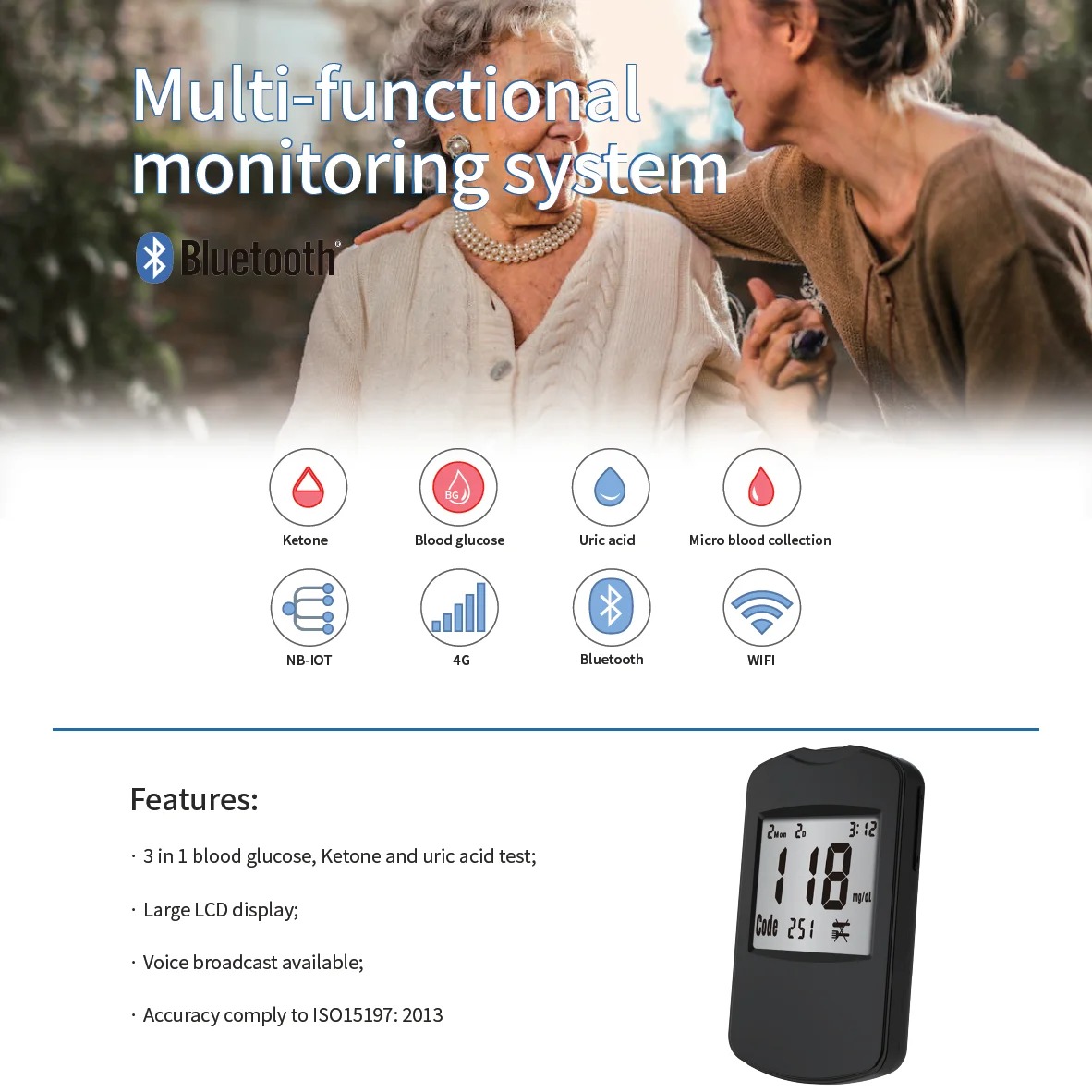 Multifunctional Glucose, Ketone, and Uric Acid Testing Kit with Large LCD Display