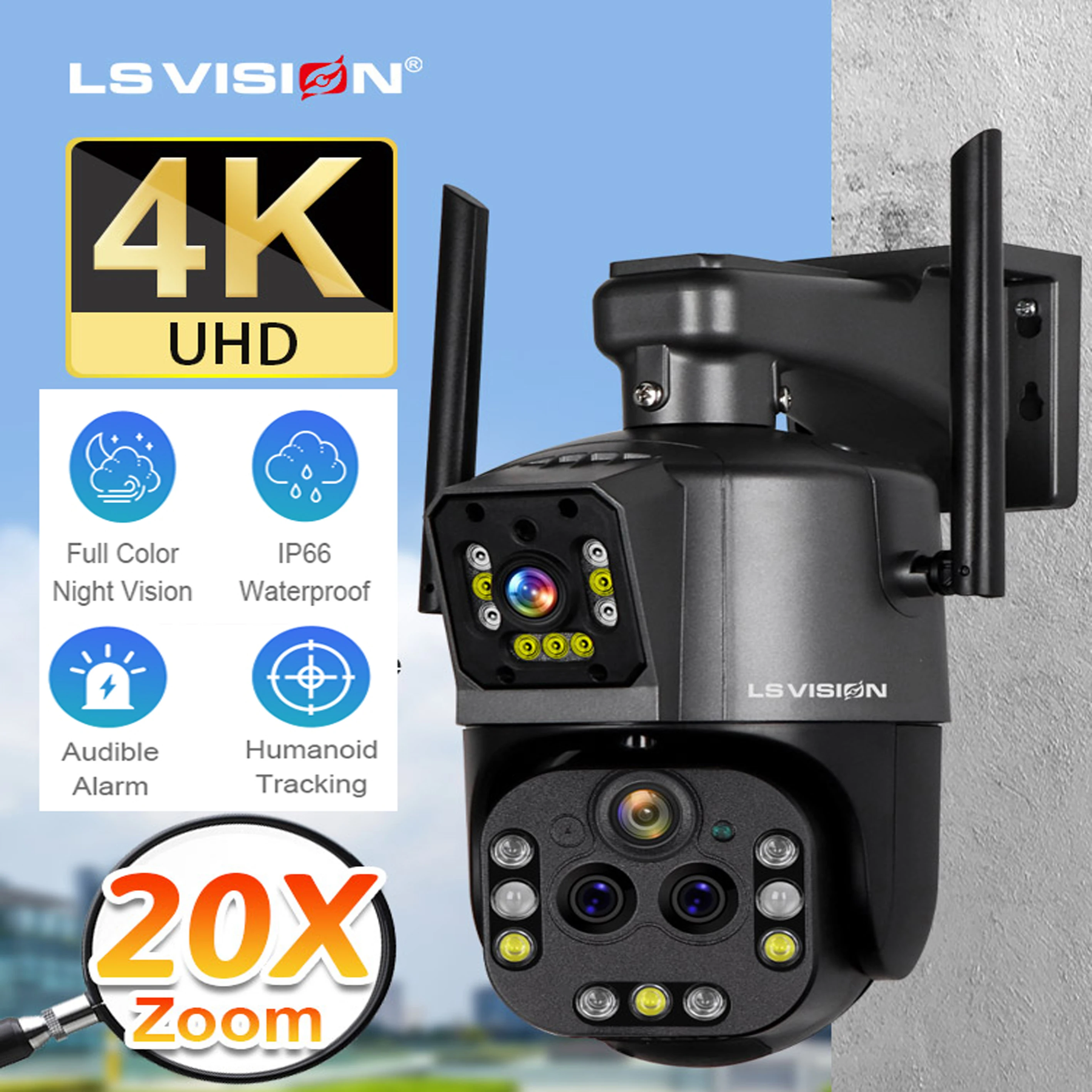 LS VISION 8K Wifi Surveillance Cameras 20X Optical Zoom Outdoor Wireless Four Lens Dual Screens PTZ  Auto Tracking CCTV Cam 