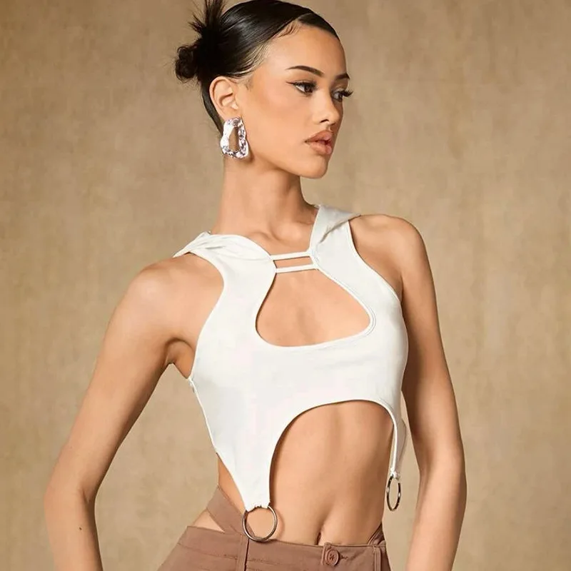 Hooded Tank Top Women Edgy Clothes Y2k Accessories Cut Out Sexy Streetwear Sleeveless T-Shirt White Corset Ropa Mujer Ring Decor