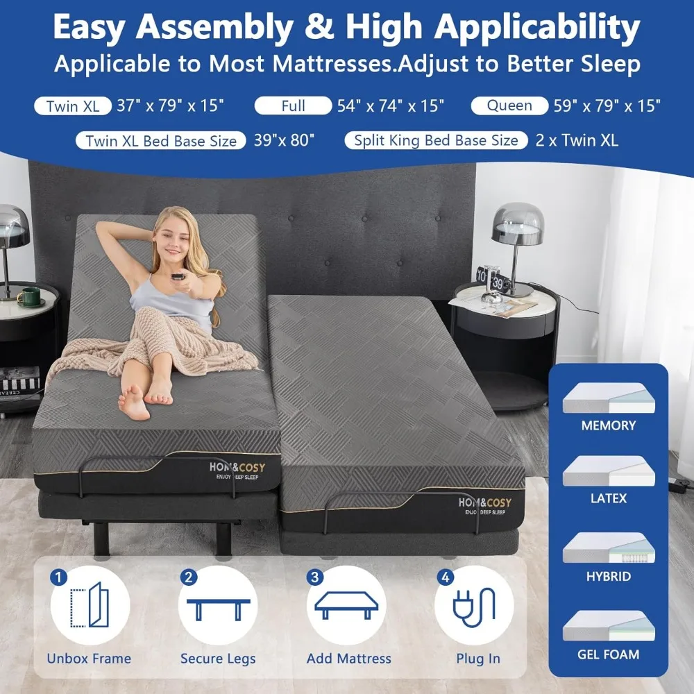 12 Inch Gel Memory Foam Medium-Firm Mattress in Box, Head/Foot Lift Sturdy Electric Smart Bed s Frame 5