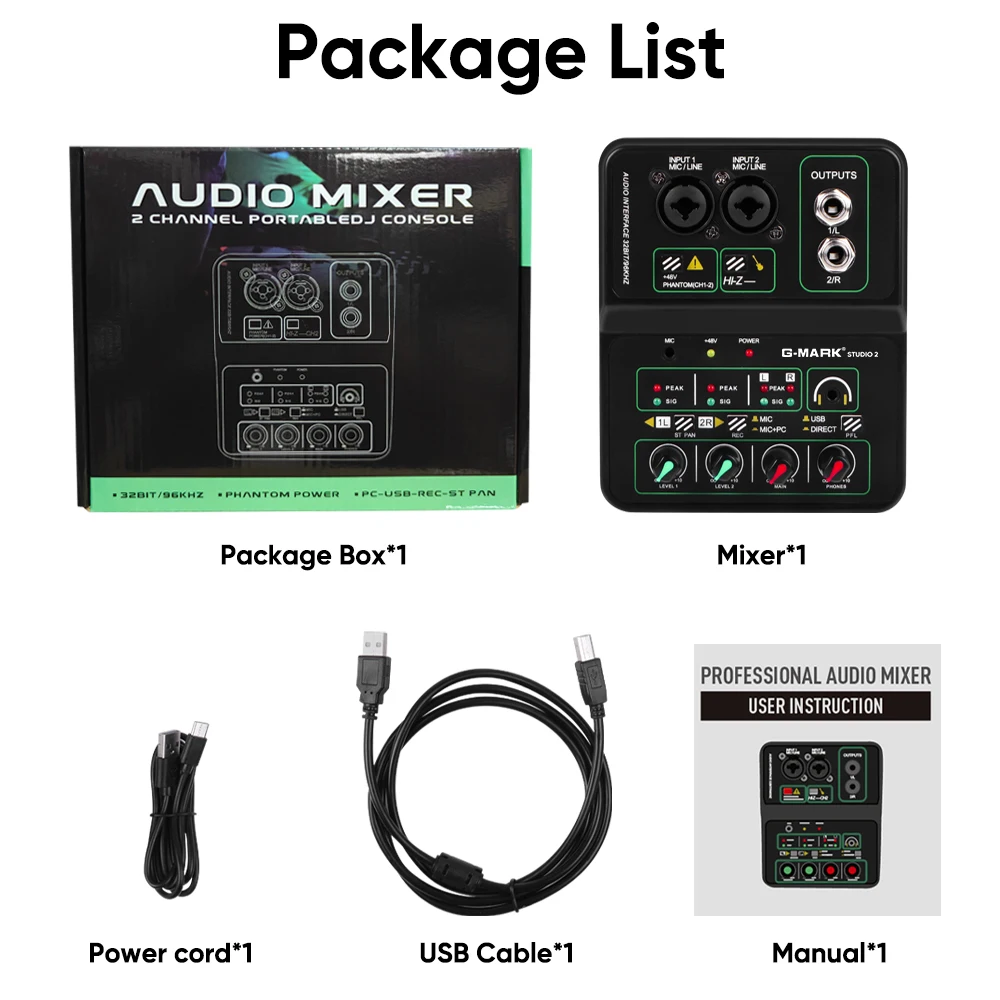 USB 믹서 G-MARK 오디오 믹싱 콘솔 2채널, 48V 32비트/96kHz 사운드 인터페이스, 라이브 레코딩 파티 DJ 스트리밍용