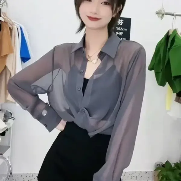 

2024 Women Summer Sunscreen Shirt See-through Trendy Short Cardigan Shirt Protection Clothes Chiffon Shirt Coat Single Z918