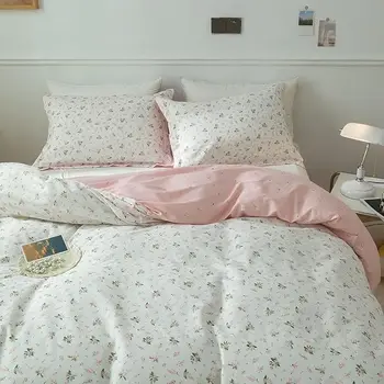 Cotton Floral Duvet Cover Queen Pink White Floral Bedding Sets Vintage Style Garden Floral Comforter Cover Boho Flower Botanical