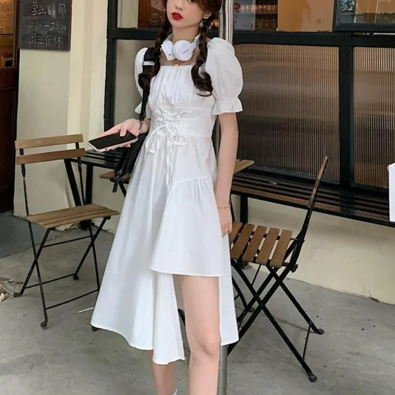 HOUZHOU Women's White Dress Summer Elegant Vintage Kawaii Puff Sleeve Midi Dress Square Collar Bandage Sundress Goth Outfits 2