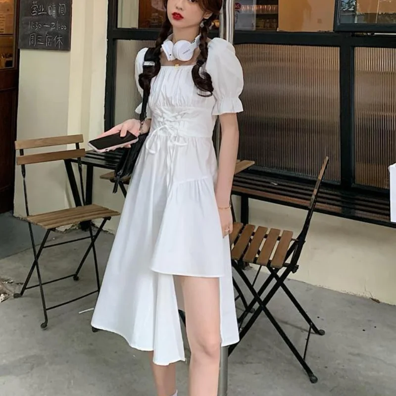 HOUZHOU Women's White Dress Autumn Elegant Vintage Kawaii Puff Sleeve Midi Dress Square Collar Bandage Sundress Goth Outfits