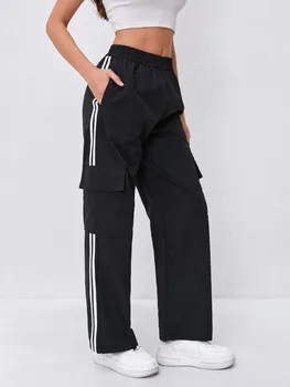 Women's High-Waist Elastic Waist Slimming Casual Trousers with Double Sided Pockets Outdoor Comfortable Long Pants 1