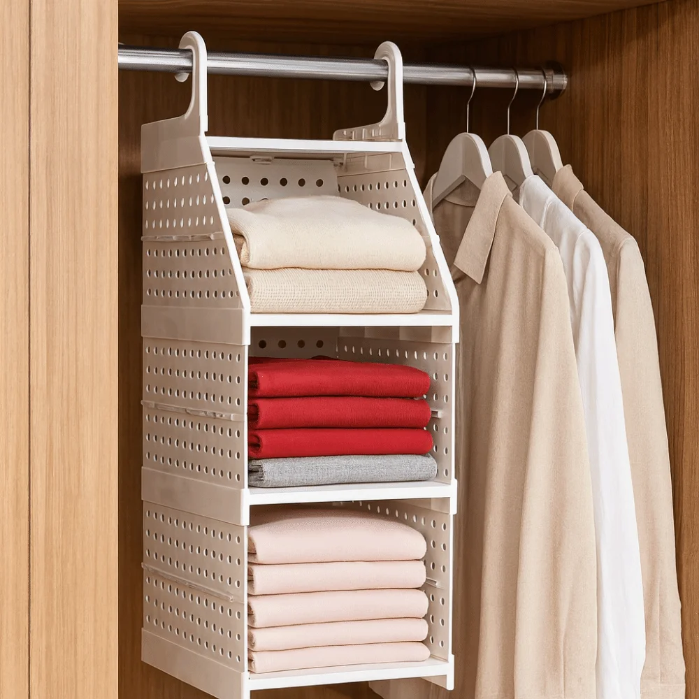 Plastic Multi-Layer Clothing Organizer Foldable Space Saving Hanging Clothes Storage Rack with Hook Large Capacity