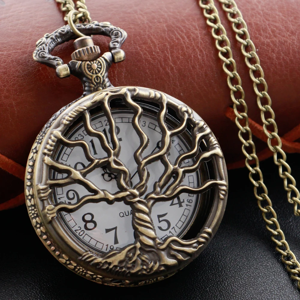 Bronze Meteor Tree Quartz Pocket Watch Fashion Necklace Pendant Necklace Jewelry Gift Steampunk Clock Men's and Women's Gift natural labradorite moonstone quartz crystal point pendant love heart shape stone pendulum healing mineral necklace jewelry gift