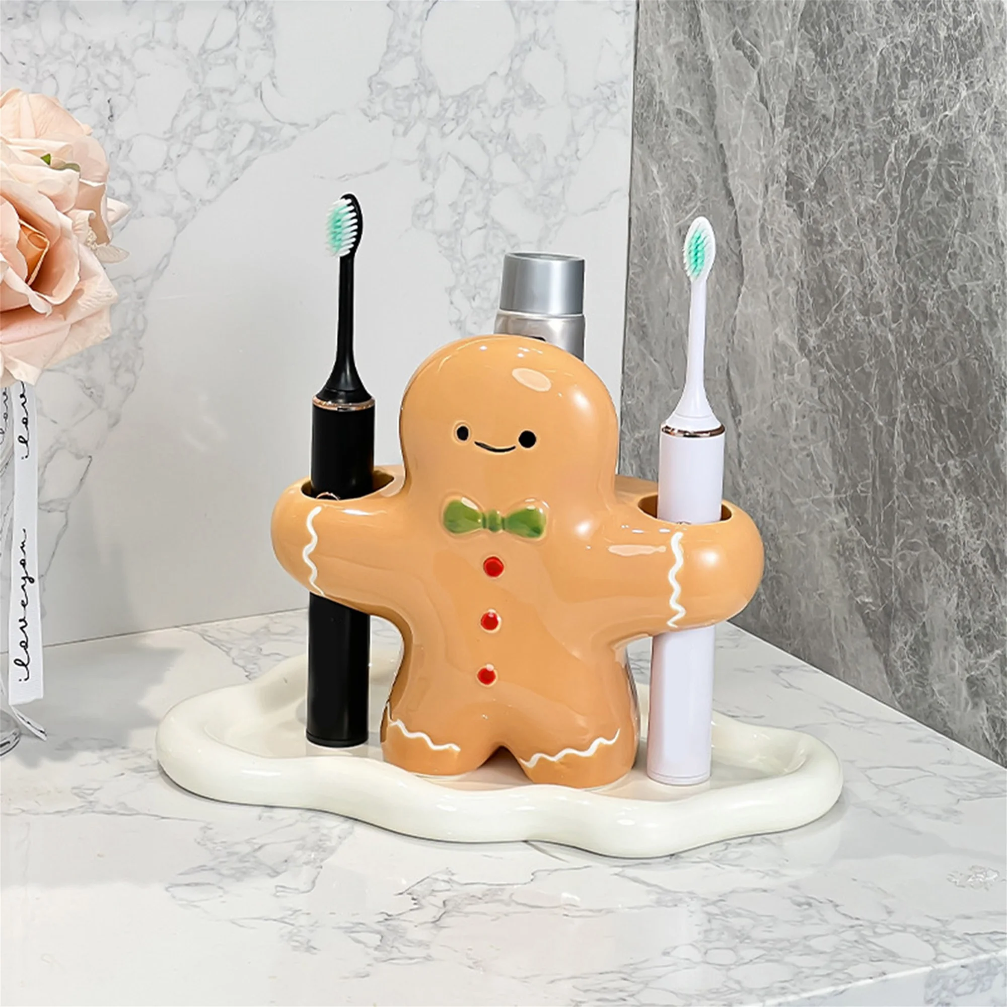 Cute Toothbrush Holder with 2 3 Holes Ceramic Gingerbread Man Toothbrush Stand for Family Couple