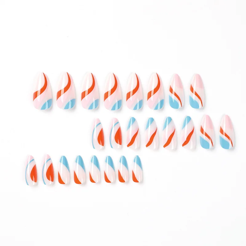 Techno  Long Coffin Glossy Orange Blue Wave Nails