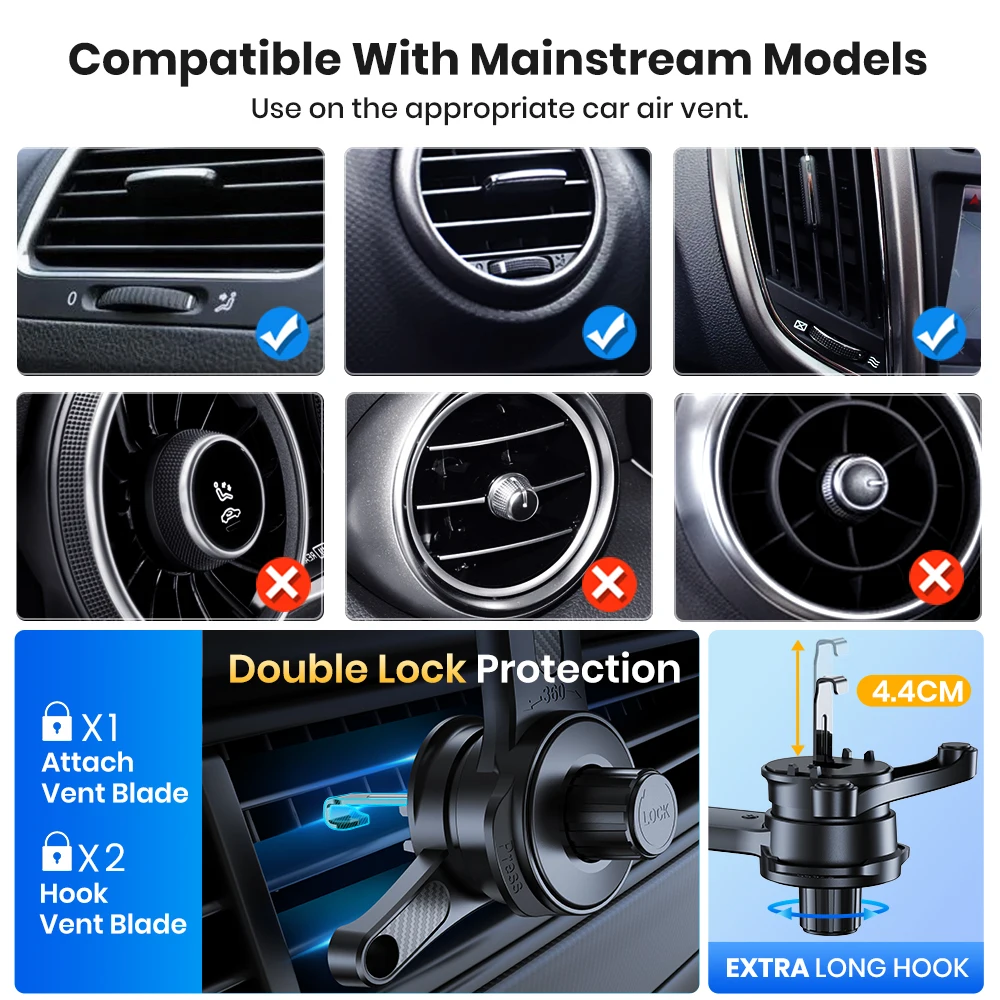 Extended Arm Car Vent Phone Mount Holder,3-Point Support Extendable Metal Hook S