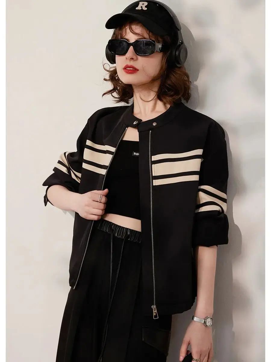 LOUIS YAO Women Jacket 2024 Spring New Round Neck Long Sleeve Contrast Color Striped Loose Fit Fashionable Women's Coat
