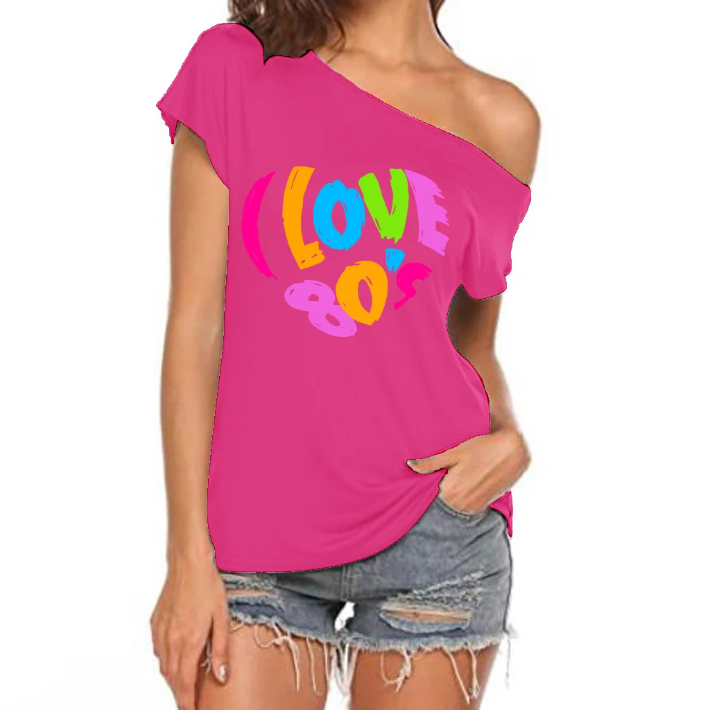 XUANSHOW 2024 Sommer Ich Liebe 80er Jahre Herz Emotionales Element T-shirt Sexy Off Schulter Tops Kurzarm Buchstaben Gedruckt T-shirt – Detail 15