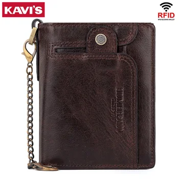 Portafoglio da uomo in vera pelle con blocco RFID Porta carte di credito Portafoglio da uomo corto bifold con cerniera Tasca portamonete con catena antifurto