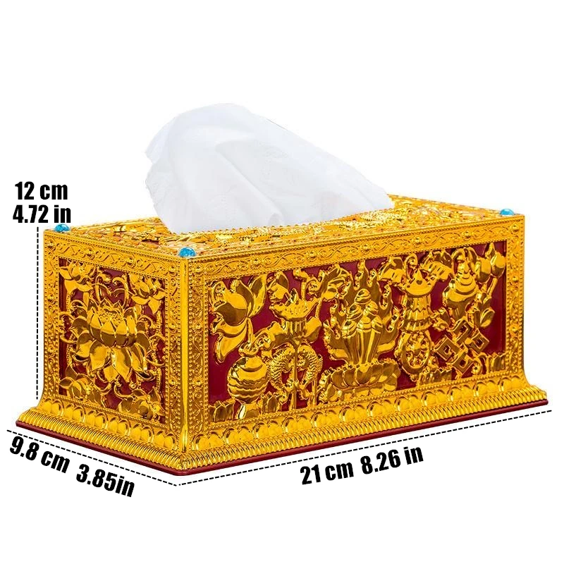 Tibetan Engraved Golden Plastic Paper Box Toilet Living Room Napkin Dispenser Buddhist Storage Box Organizer Desktop Decorative