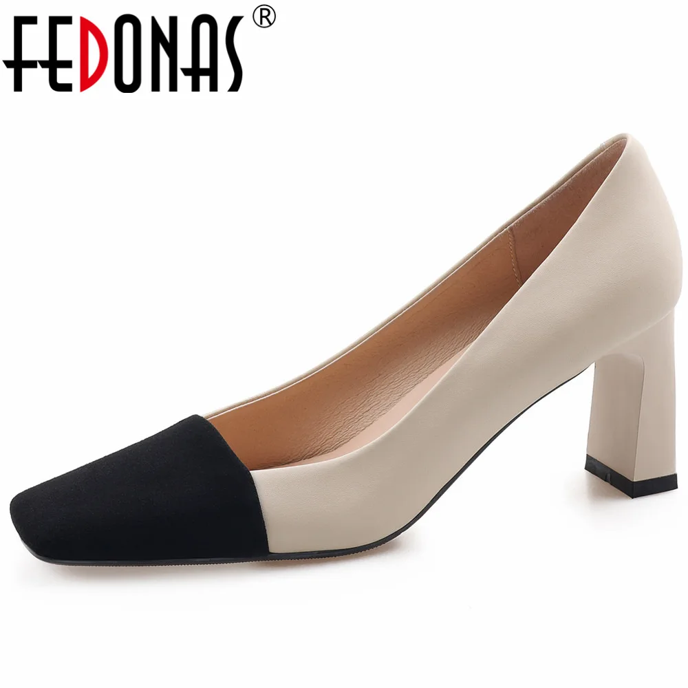 

FEDONAS Elegant Women Pumps High Heels Square Toe Splicing Genuine Leather Spring Summer Mixed Colors Office Lady Shoes Woman