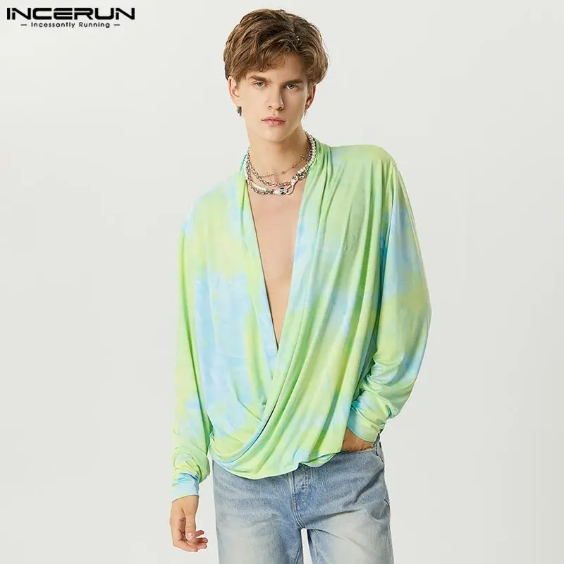 

Fashion Casual Style Tops INCERUN Men's Tie Dyed Colorful Swing Collar Shirts Party Show Knitted Long Sleeved Blouse S-5XL 2023