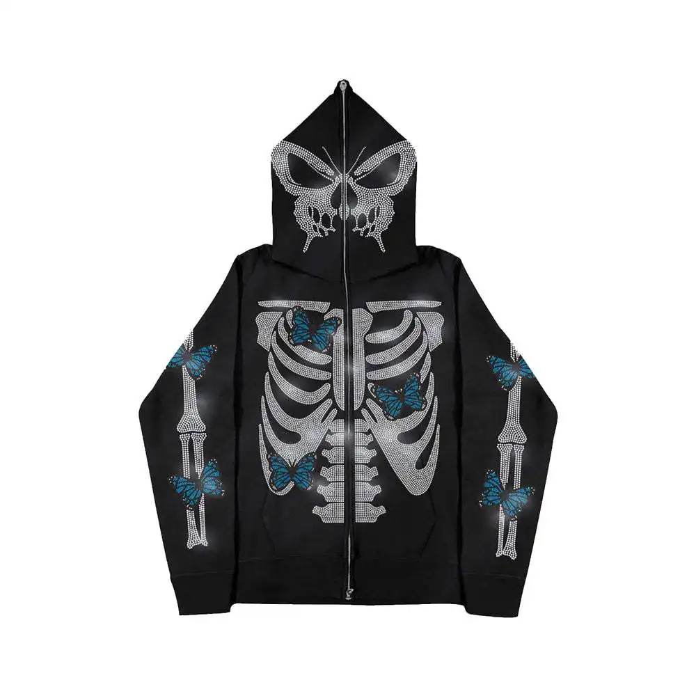 

Unisex Couple Hoodie Zipper Rhinestone Artificial Diamond Pattern Halloween Dia De Muertos Street Casual Sweatshirt Breathable