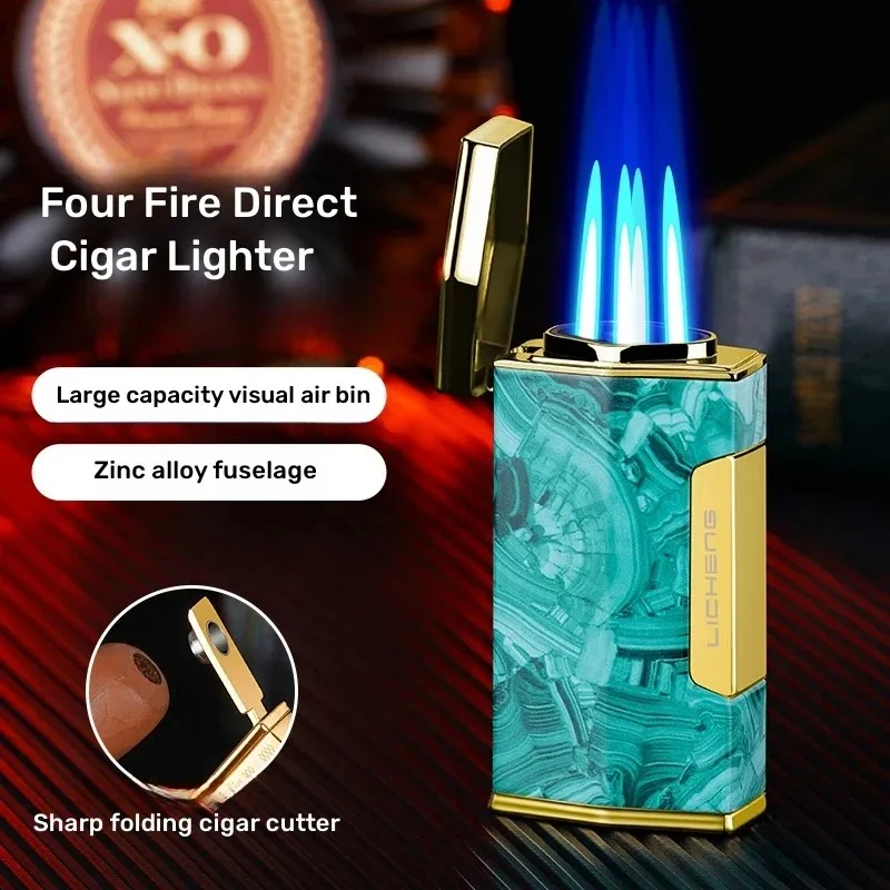 

Windproof Powerful Four Flame Cigar Lighter Blue Flame Inflatable Butane Gas Lighter with Cigar Knife Multifunctional Tool