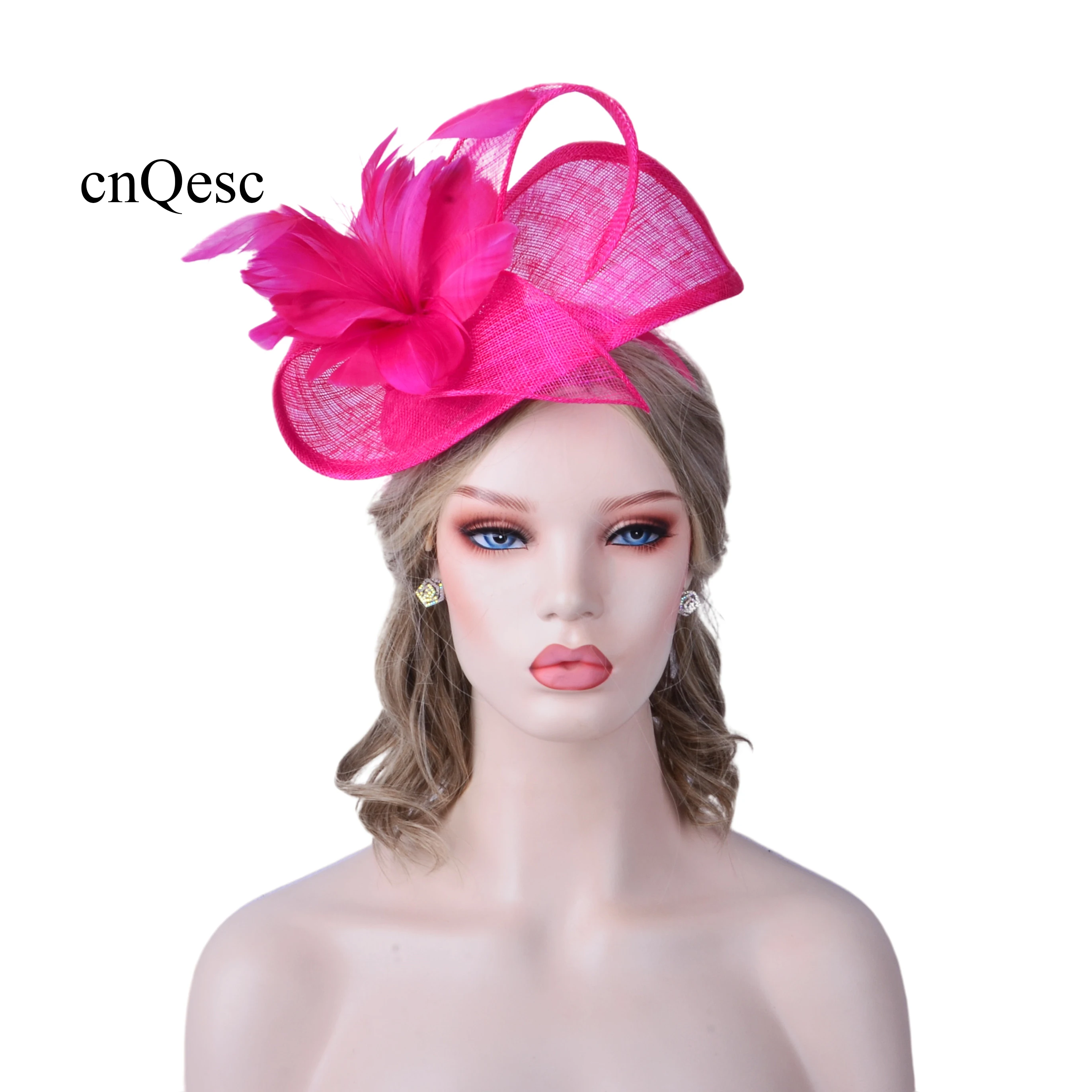 Hot pink sinamay fascinator hat hair accessory with feather flower for — free download