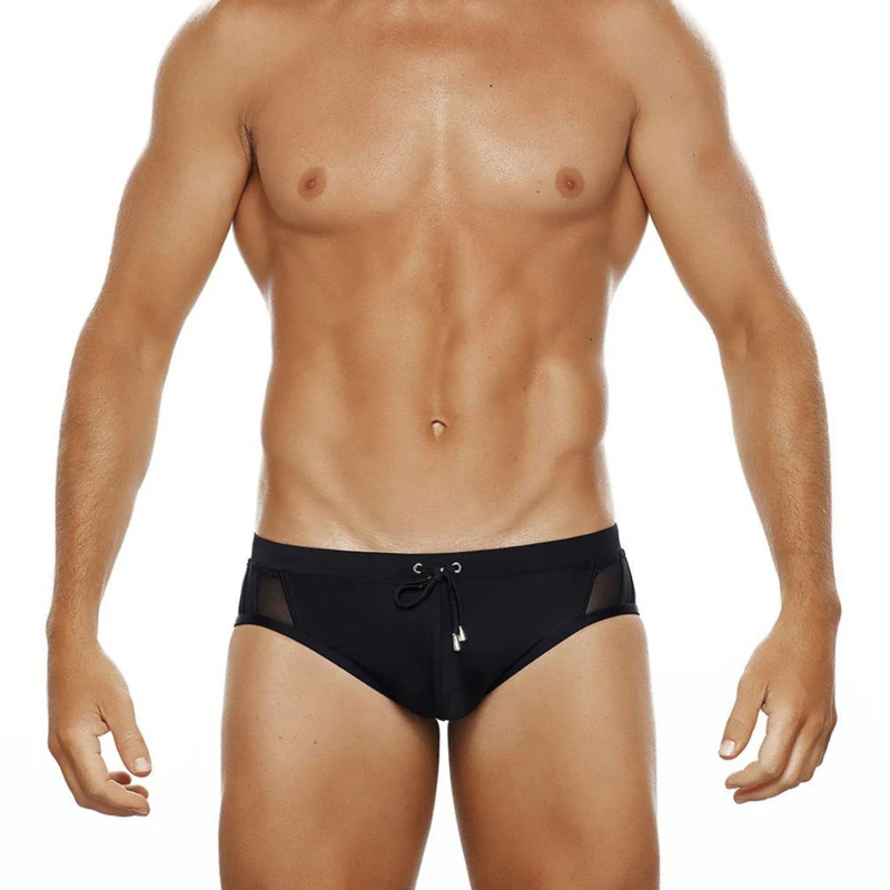 

2023 Men's Black Swimwear Sexy Mesh Side Bikini Swimming Pool Briefs Without Sponge Pad Low Waist Solid Patchwork Bequine