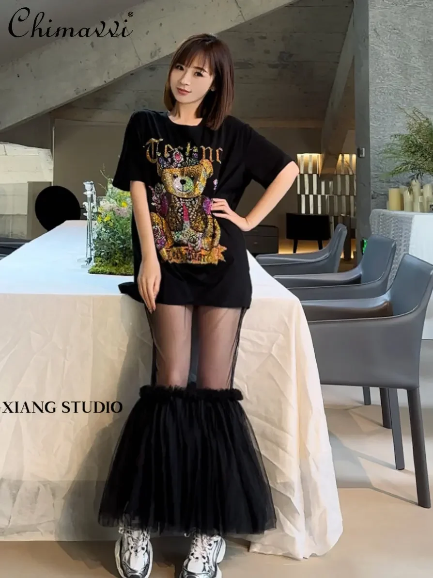 2023 Summer Bear Rhinestone Loose Round Neck Short Sleeve T-shirt Top See-through Sexy Puffy Elastic Waist Skirt Two-Piece Set