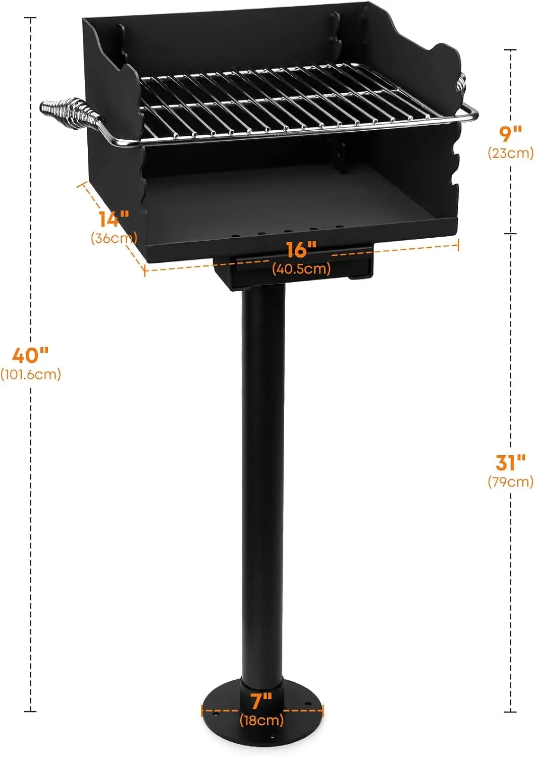 Park-Style Charcoal Grill, Heavy Duty Steel Outdoor BBQ Park Grill with Stainless Steel Cooking Grate and Post for Backyard