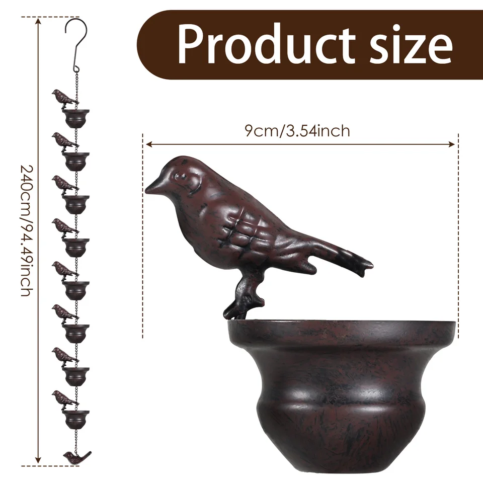 Regenkette Birds Cup 2,4m - Metall Regenkette Mit 8 Vögeln Für Dachrinne Und Balkon