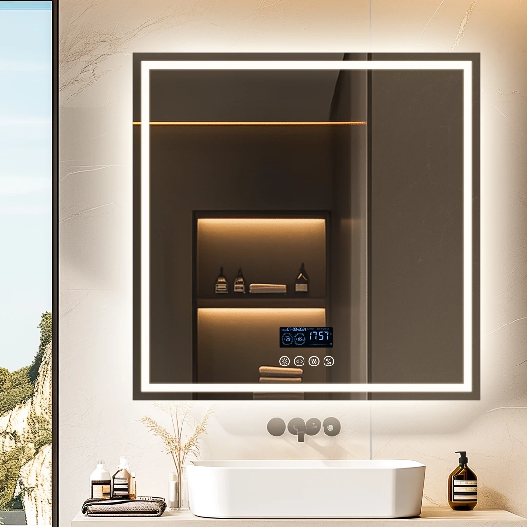 LED Bathroom Mirror 800mm Square Wall Mirror with Bluetooth Time Temperature Display 3 Colours Front+Backlit Anti-fog Memory 3
