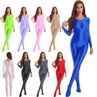 Women Shiny Oil Long Sleeve Full Body Unitard Bodysuit Pantyhose Jumpsuit Bodystocking Yoga Gymnastics Shapewear Catsuit Tights - Image 2