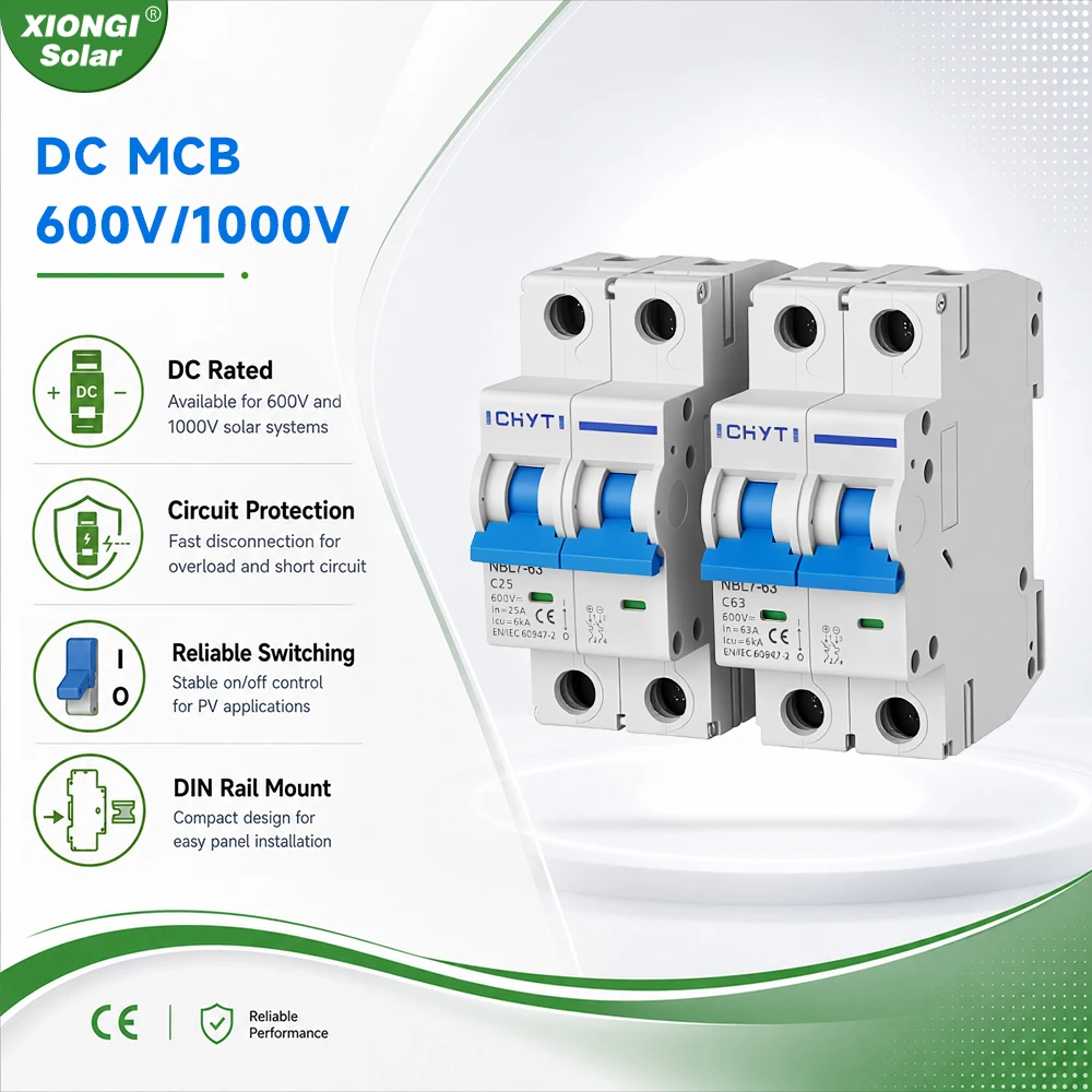 XIONGISOLAR 2P 600V/1000V 16A 25A 32A 40A 50A63A PV Interruttori automatici in miniatura Su guida Din DC Mini interruttore MCB per solare