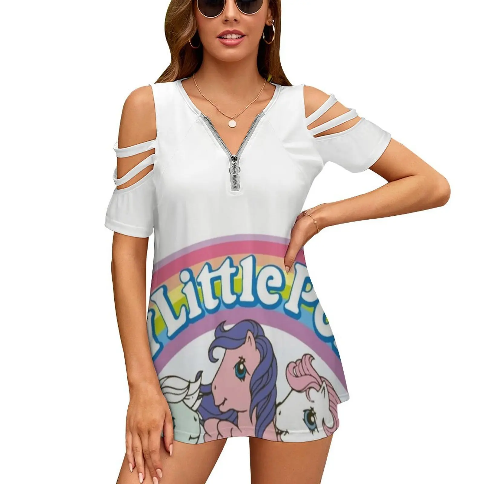 -80S New Fashion Zip Off Spalla Top Camicia Donna Manica Corta Mio Mini Pony Vintage Anni 80 Anni Pony Pony Cavalli Colore