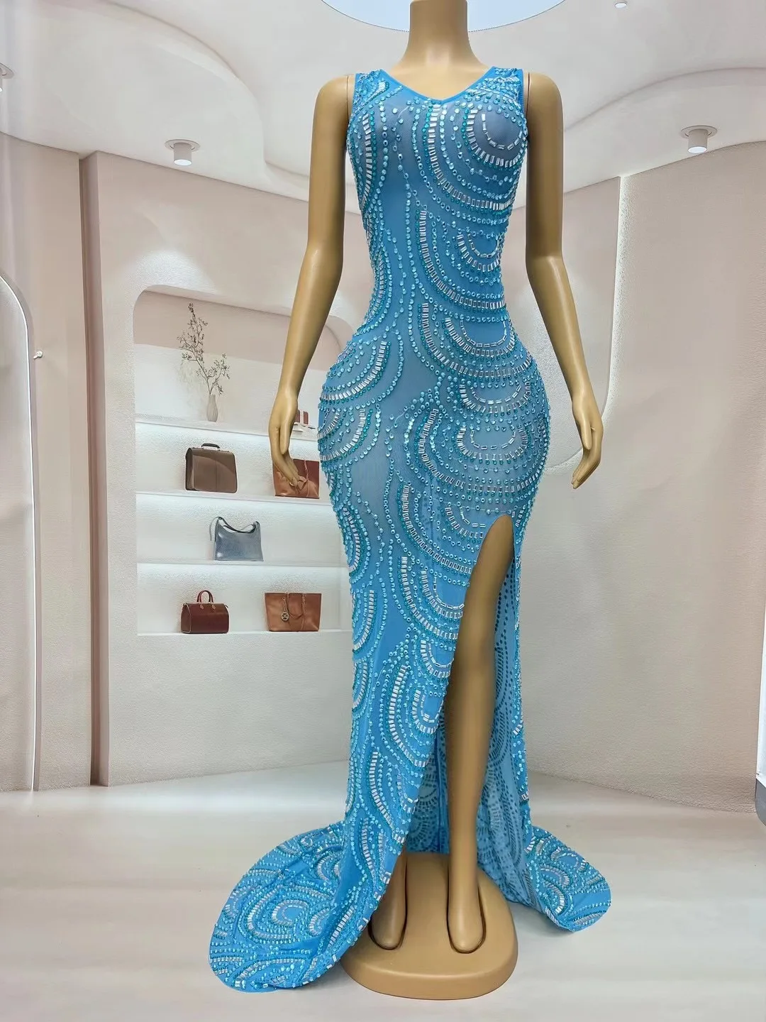 

Sparkly Rhinestones Women Sleeveless Sexy Bodycon Long Maxi Dress Evening Party Performance Costume Bar Singer Stage Wear