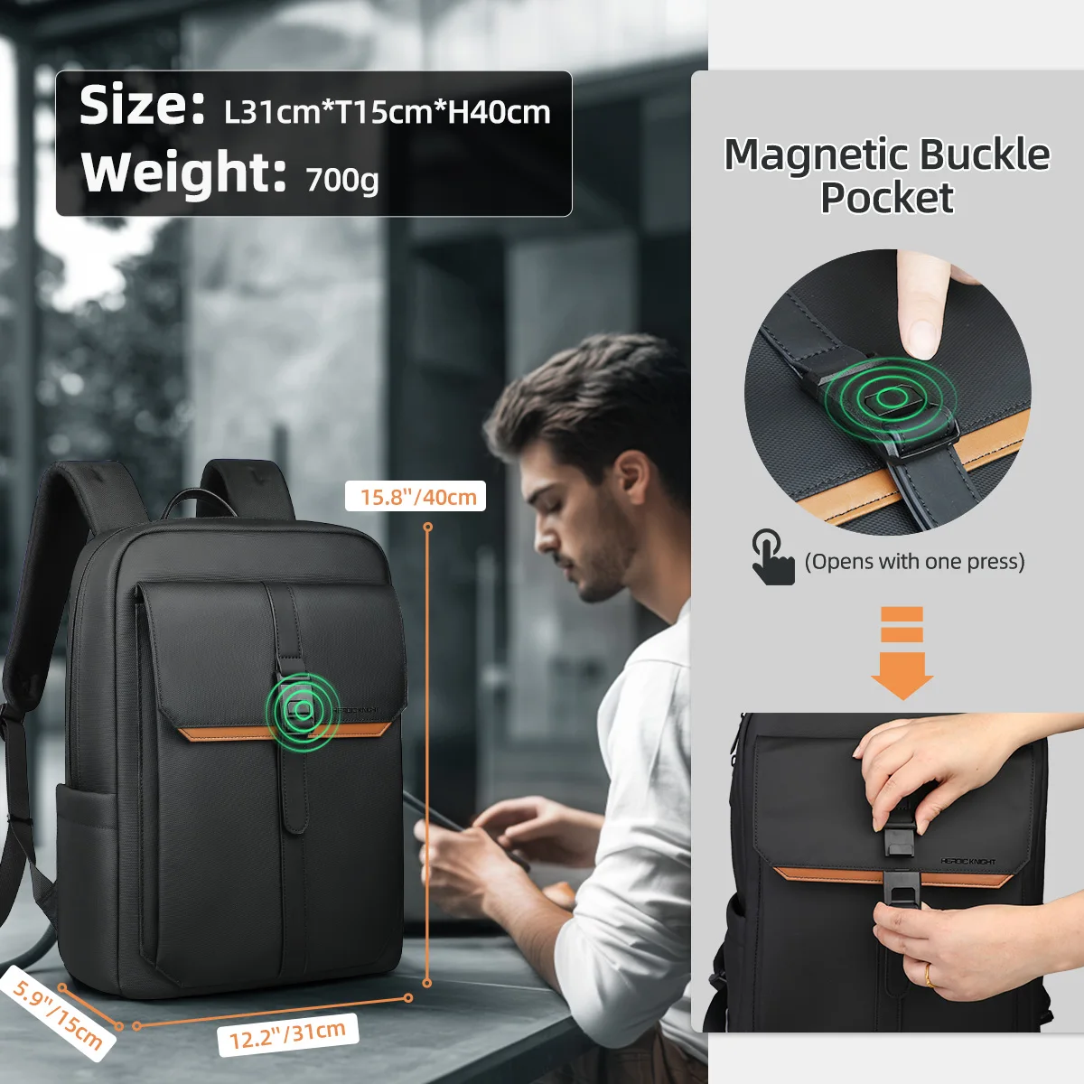 Heroic Knight Business Laptop Backpack 15.6" Men Waterproof Fashion Magnetic Flap Travel Backpack Trekking Casual Backpack Black 4