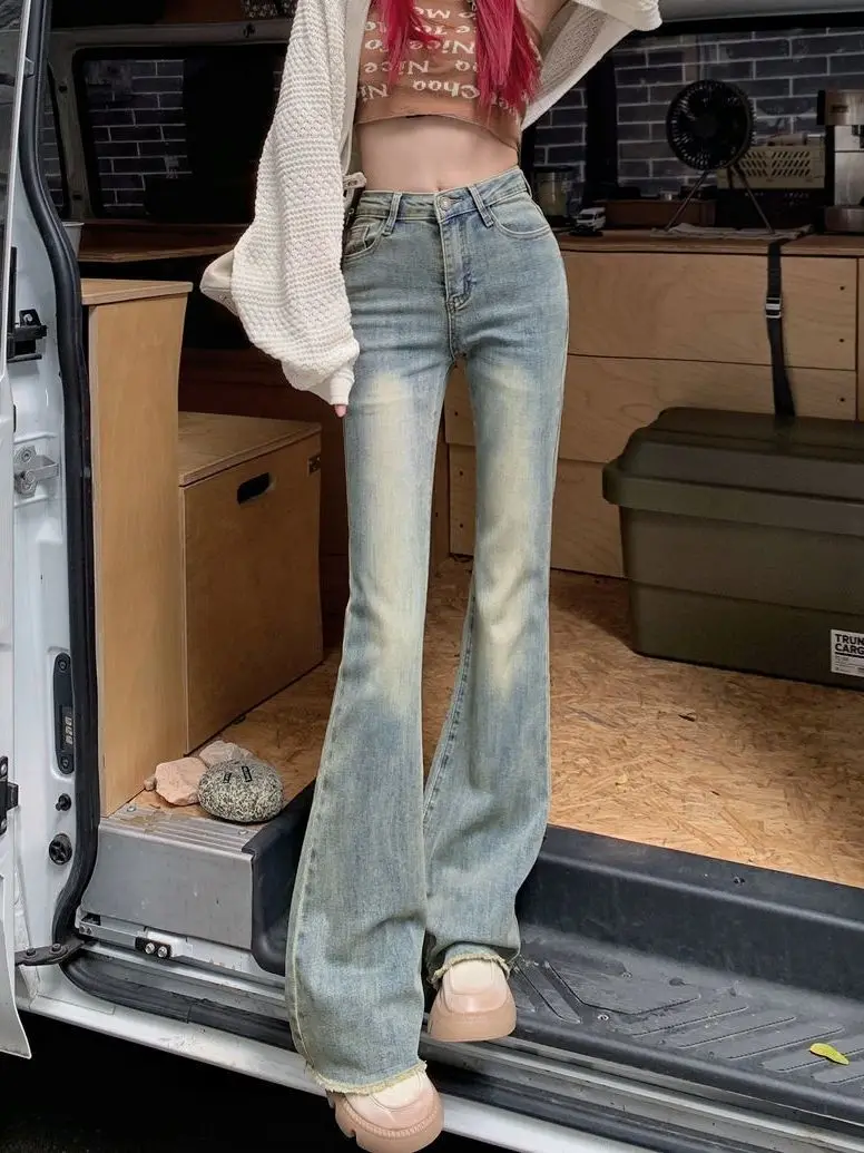 American retro design raw-edged bootcut jeans for women in autumn for hot girls with tall waist and slim floor-length pants y2k