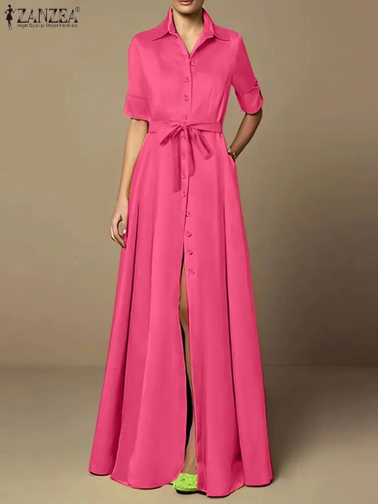 

ZANZEA Elegant 2023 Summer Maxi Shirt Dress Women Tie Waist Party Dress Casual Slit Hem Vestidos Short Sleeve Lapel Neck Robes