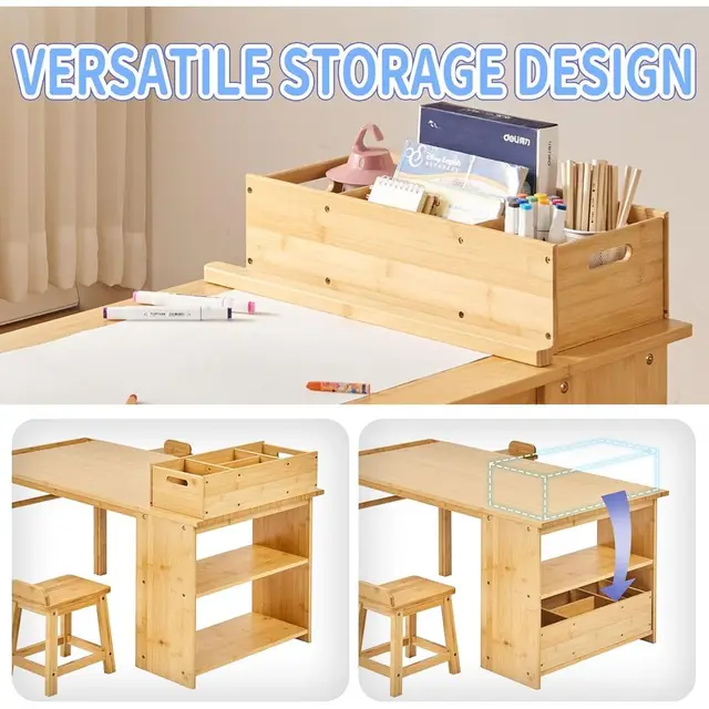 Art Table and Chair Set for Kids with Paper Roll Holder, Storage Shelves, Side Tray, Organizer Caddy, and 2 Stools, Ideal for Ag