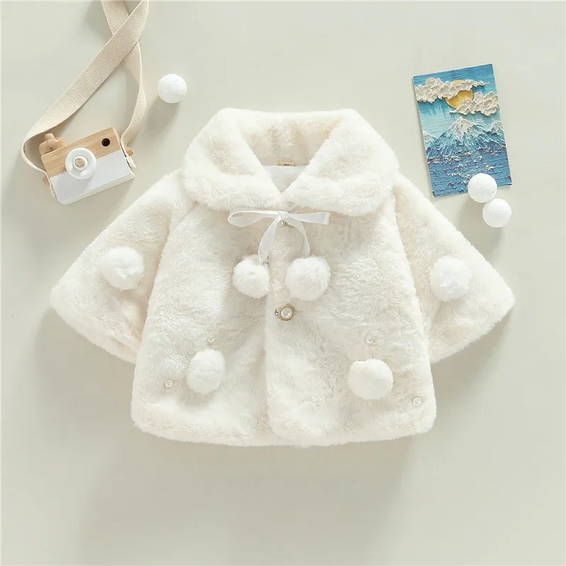 0-18months Baby Girl Winter Jacket Solid Color Wide Lapel Long Batwing Sleeve Fur Coat For Girl Pearl Decoration Snow Wear Cloak Winter Coat