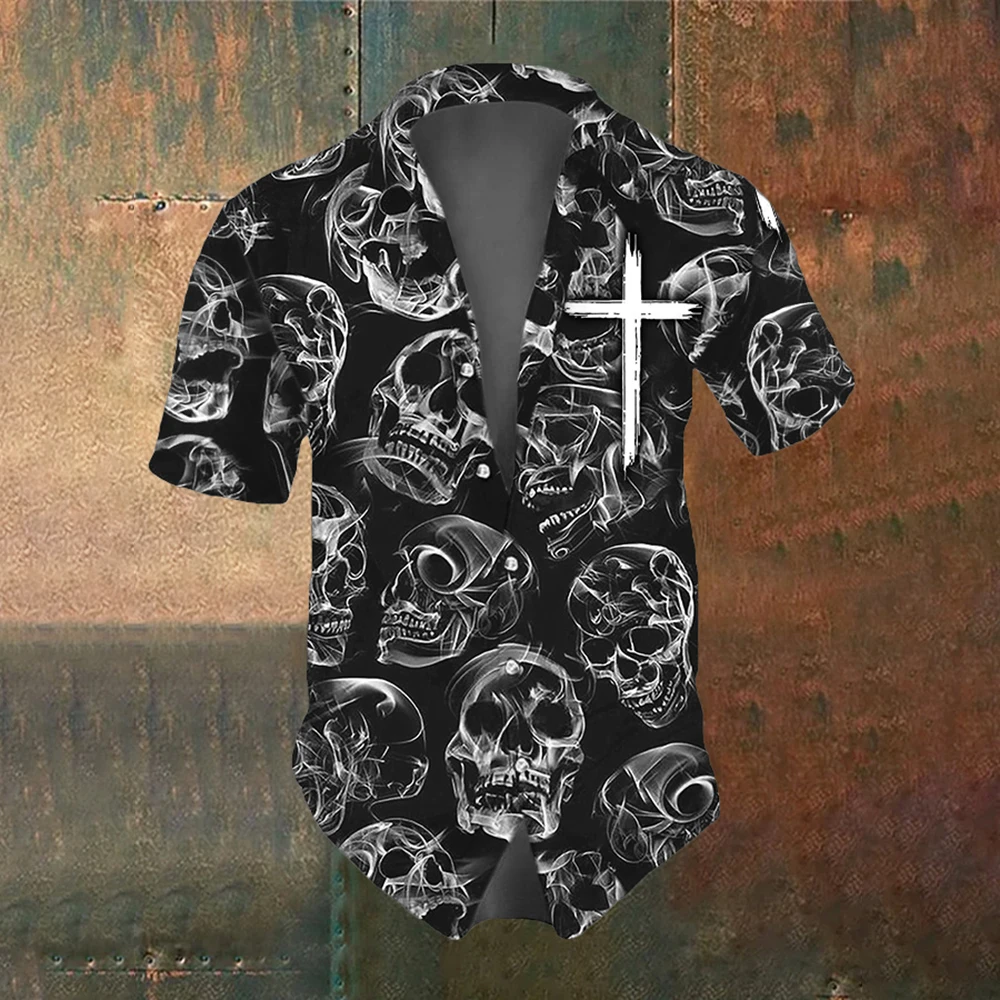 Skull Summer Men's Short Sleeve Shirt Street Fashion Tops Rose Skull Pattern Men's Casual Oversized Shirt 4