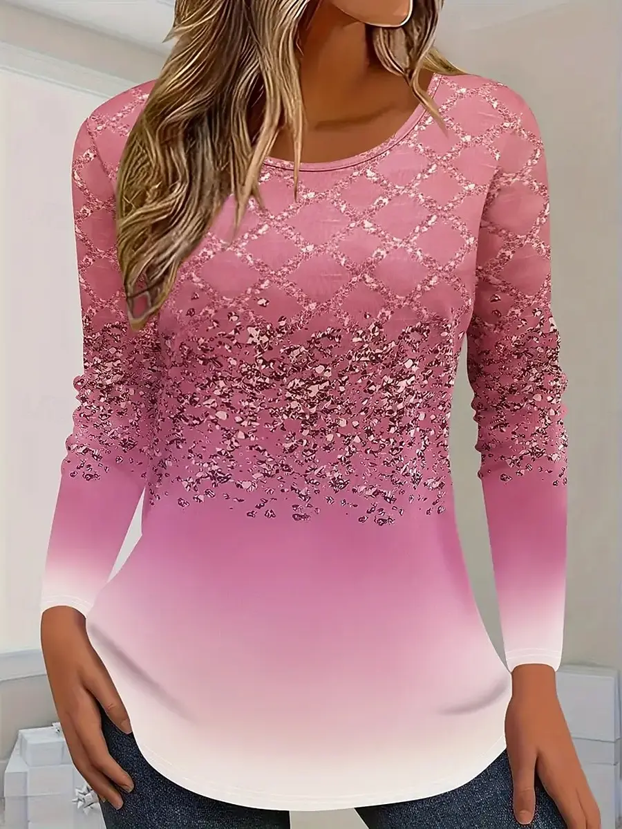 Damen-T-Shirt, 3D-eleganter Farbverlaufsdruck, modisch, langärmelig, Rundhalsausschnitt, normales Oberteil, Urlaub, Wochenende, Frühling und Herbst