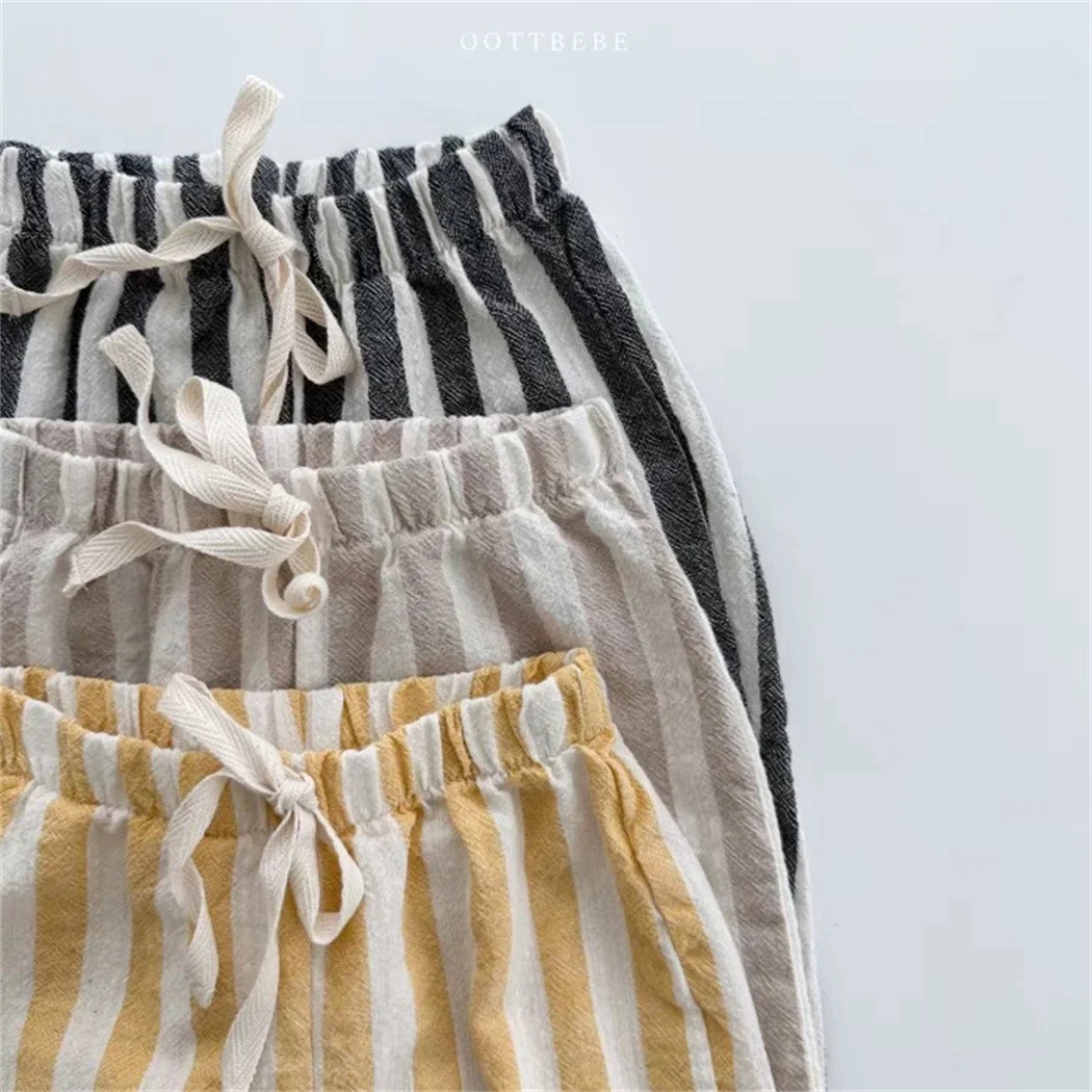 Vintage Linen Cotton Stripe Pants for Boys Casual Pocket Design Elastics Waist Pants for Toddler Girl Clothing Children Trousers 2